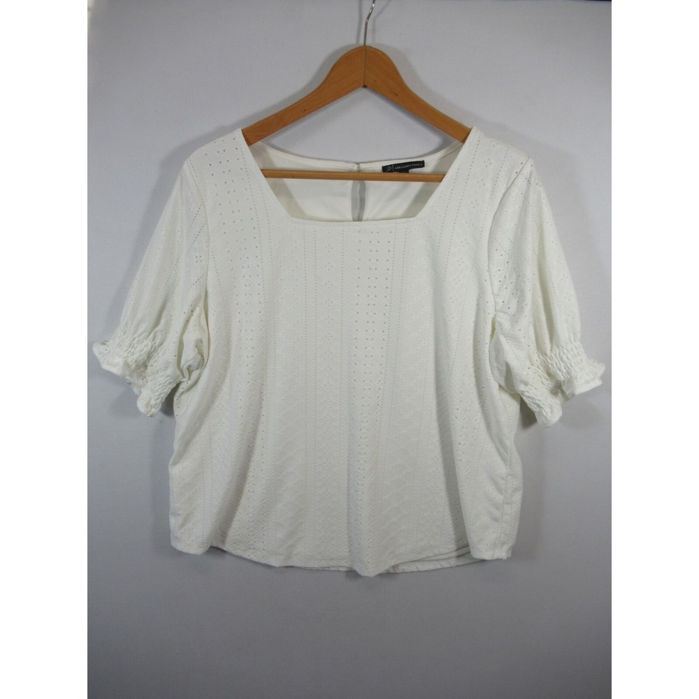 Adrianna Papell White Eyelet Blouse Women XL Square Neck Keyhole Short Sleeve